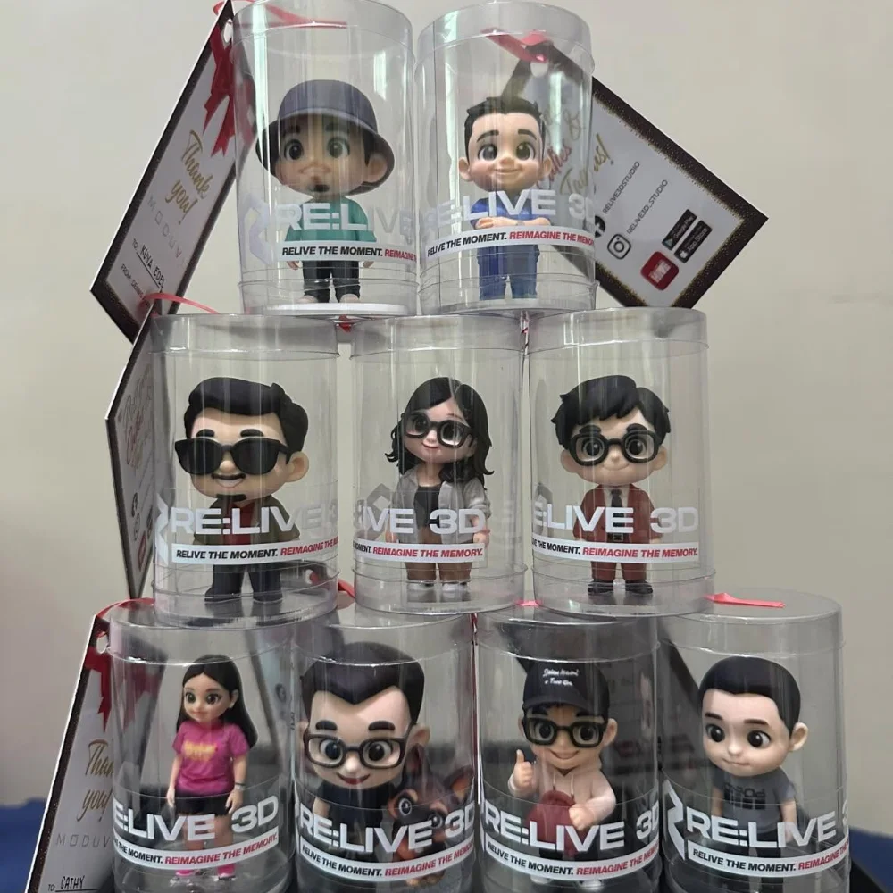 A corporate giveaway collection of packaged custom RE:LIVE 3D Cuties